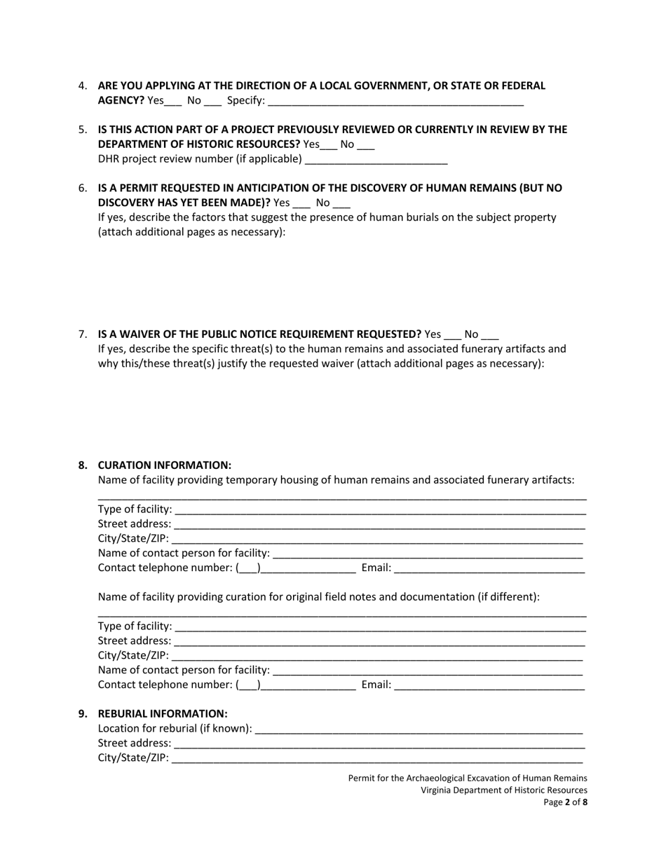 Permit Application for Archaeological Excavation of Human Remains - Virginia, Page 2