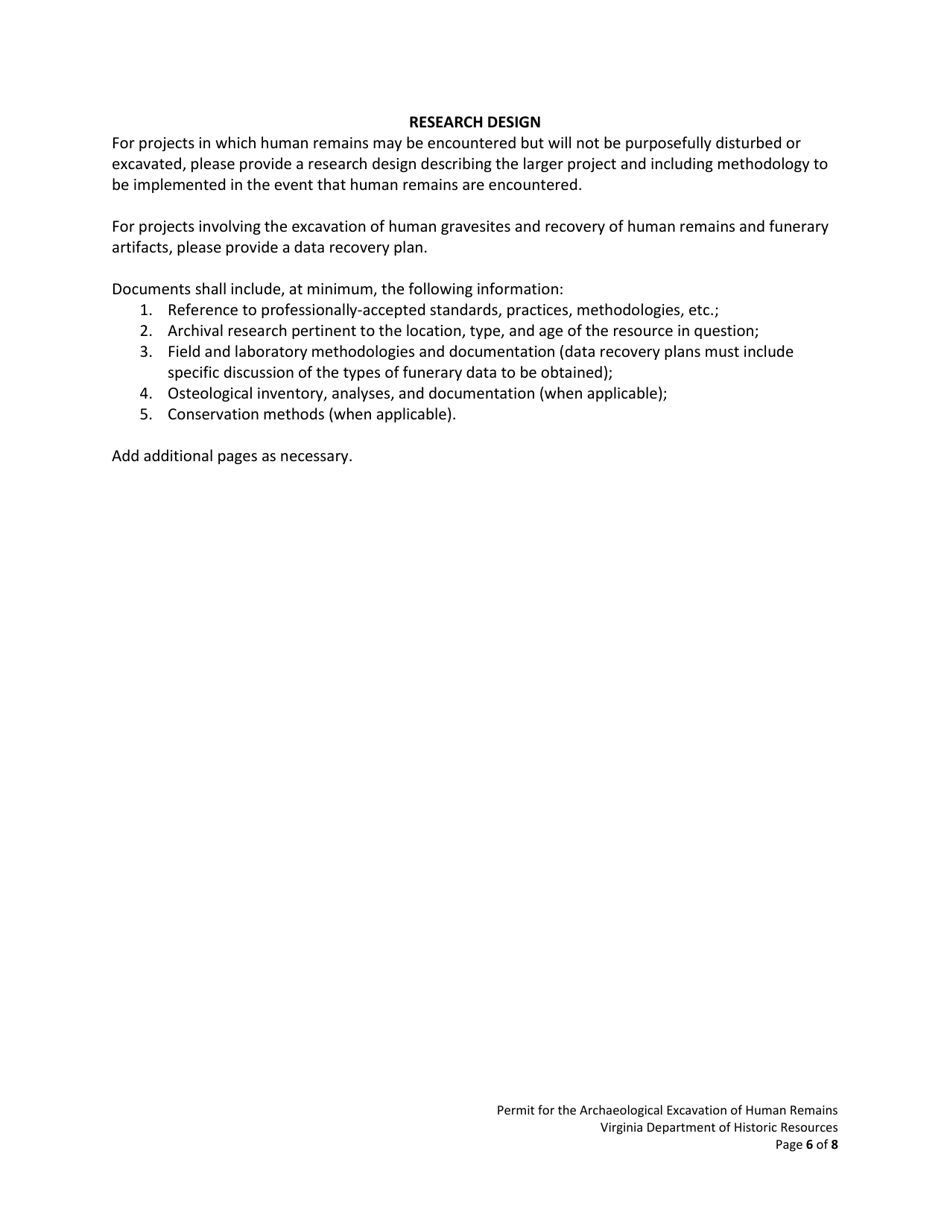 Permit Application for Archaeological Excavation of Human Remains - Virginia, Page 6
