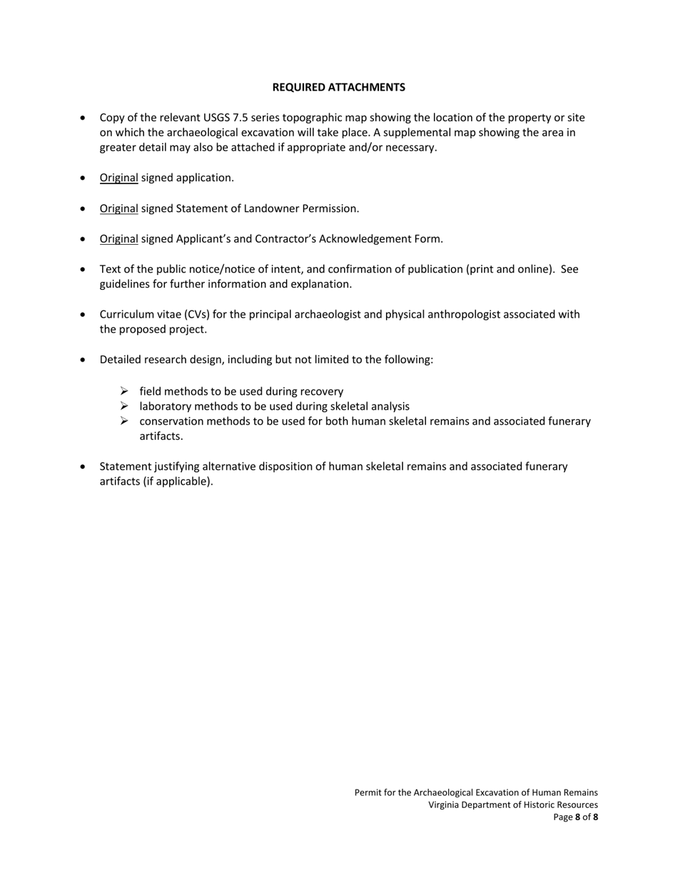 Permit Application for Archaeological Excavation of Human Remains - Virginia, Page 8