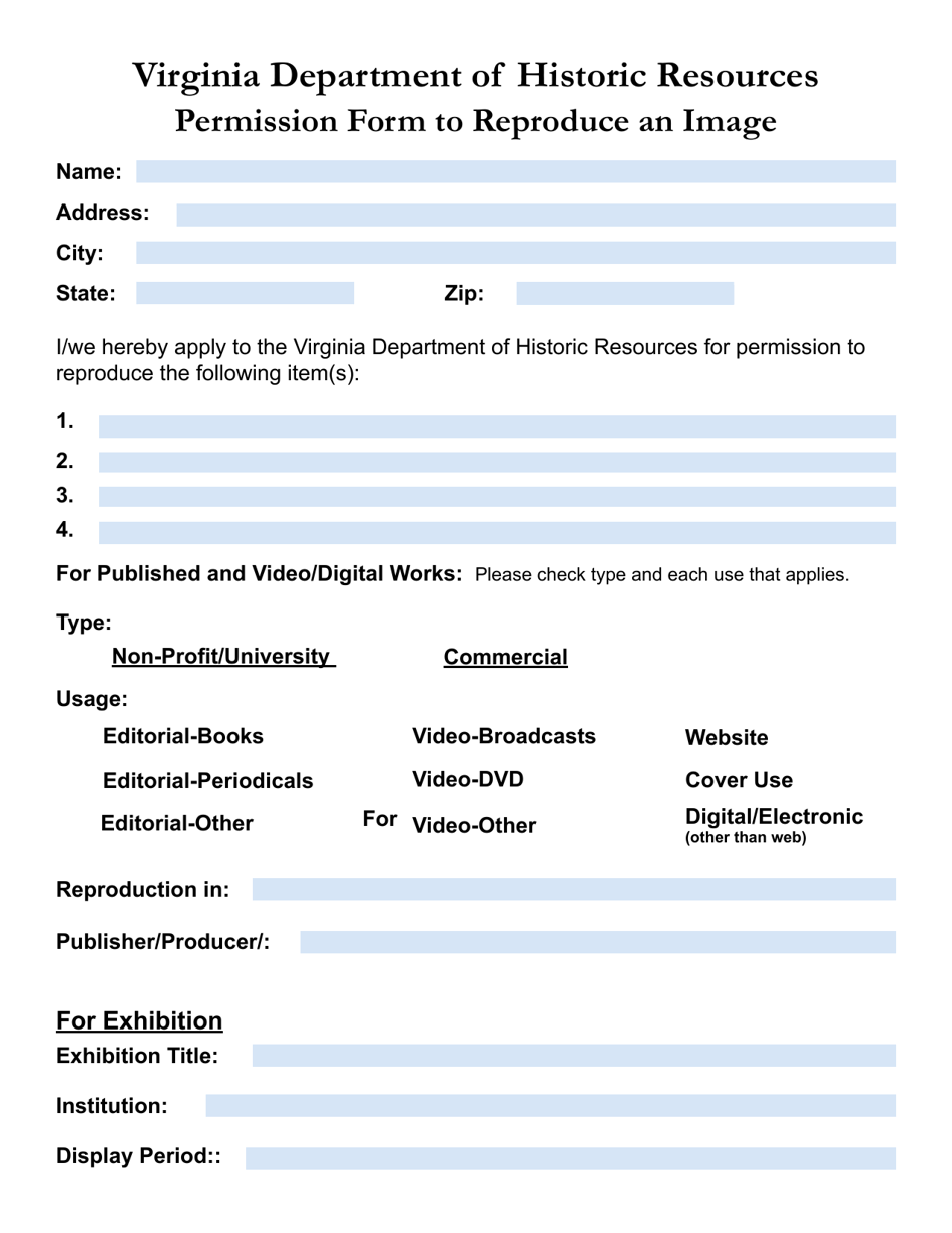 Permission Form to Reproduce an Image - Virginia, Page 1