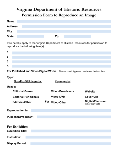 Permission Form to Reproduce an Image - Virginia Download Pdf