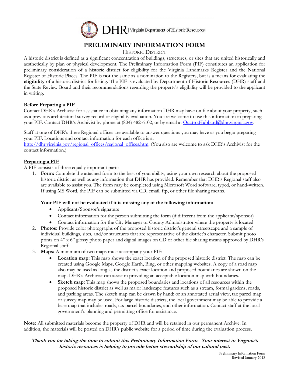 Preliminary Information Form (PIF) for Historic Districts - Virginia, Page 1