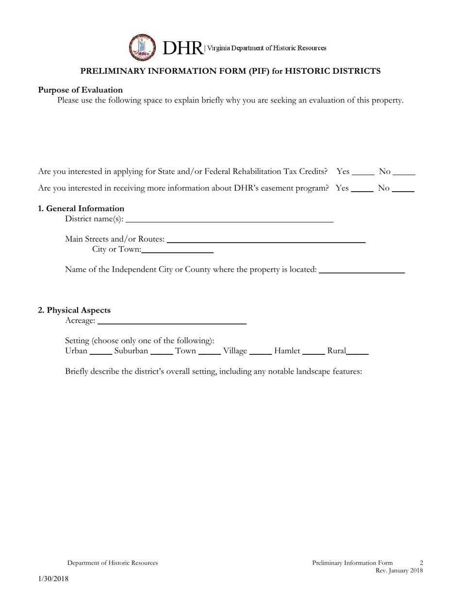 Preliminary Information Form (PIF) for Historic Districts - Virginia, Page 2
