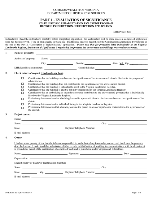 DHR Form TC-1 Part 1 Evaluation of Significance - Historic Preservation Certification Application - Virginia