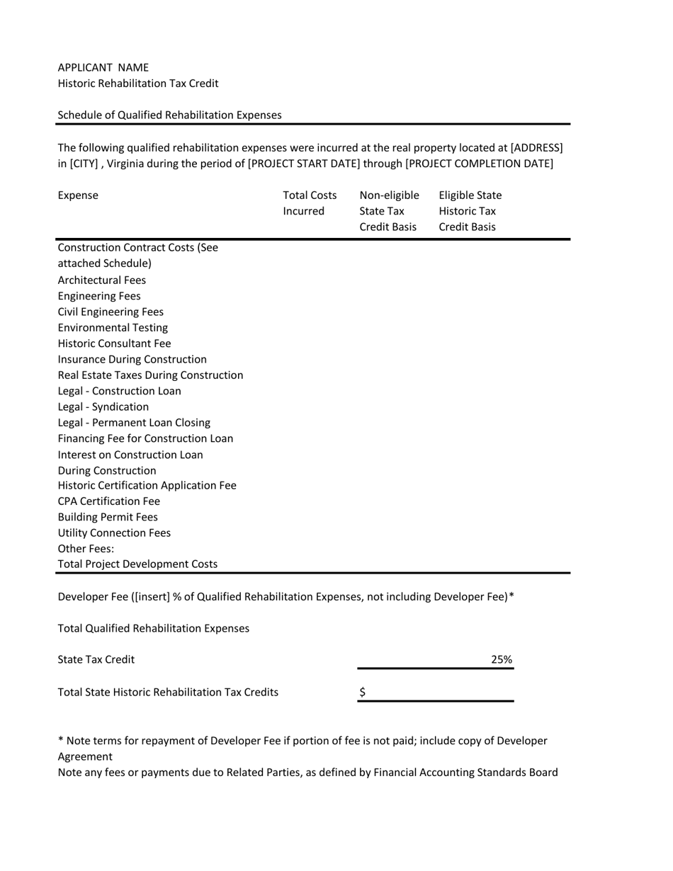 Schedule of Qualified Rehabilitation Expenses - Virginia, Page 1