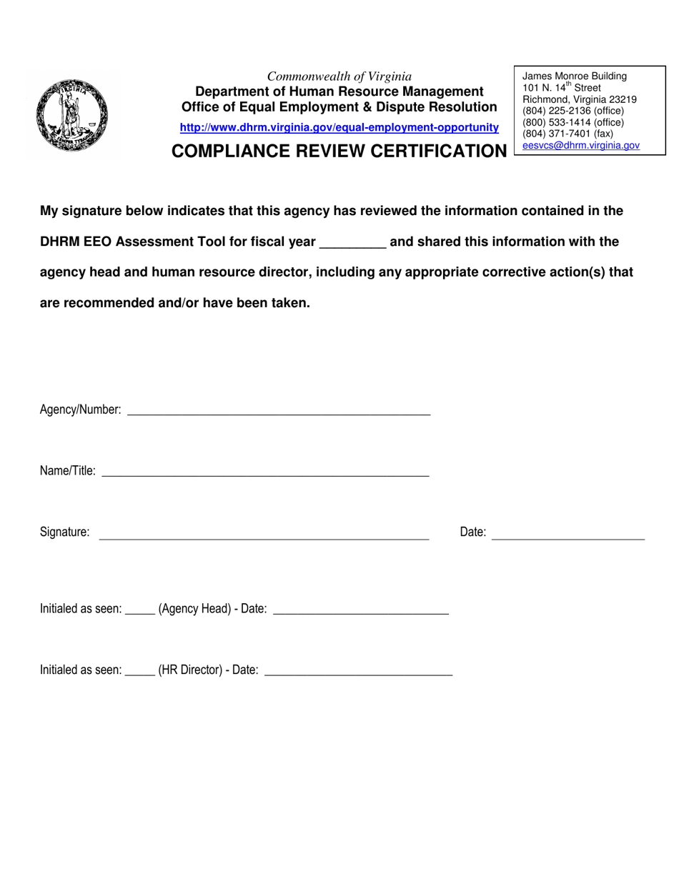 Compliance Review Certification Form - Virginia, Page 1