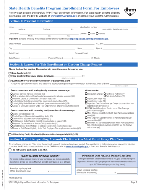 Form A10385 State Health Benefits Program Enrollment Form for Employees - Virginia