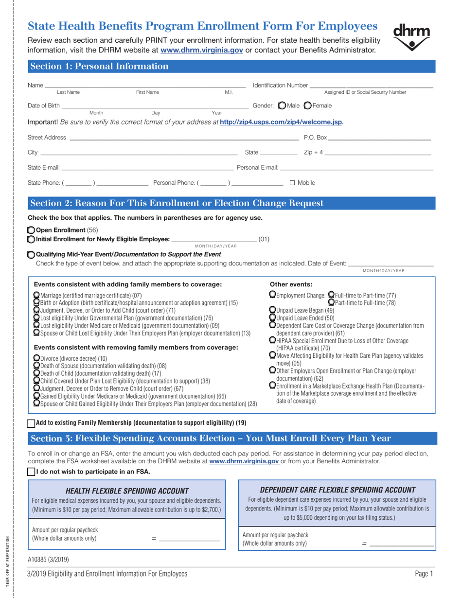 Form A10385 State Health Benefits Program Enrollment Form for Employees - Virginia, Page 1