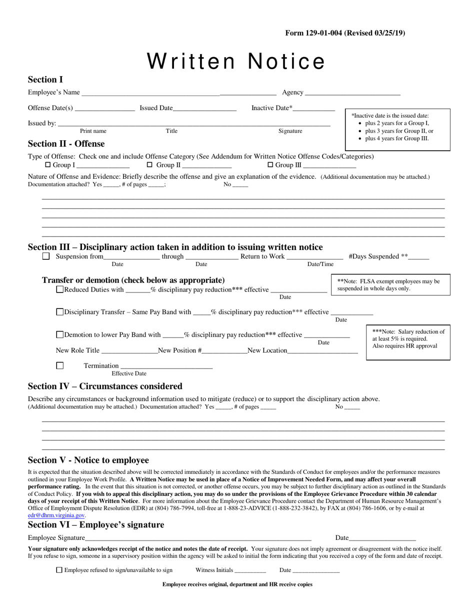 Form 129-01-004 Written Notice - Virginia, Page 1