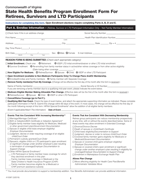 Form A10387 State Health Benefits Program Enrollment Form for Retirees, Survivors and Ltd Participants - Virginia