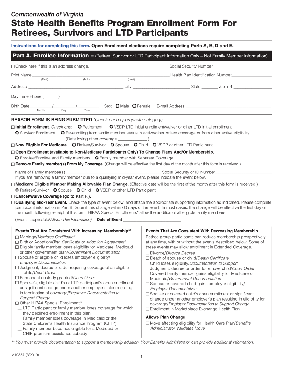 Form A10387 State Health Benefits Program Enrollment Form for Retirees, Survivors and Ltd Participants - Virginia, Page 1
