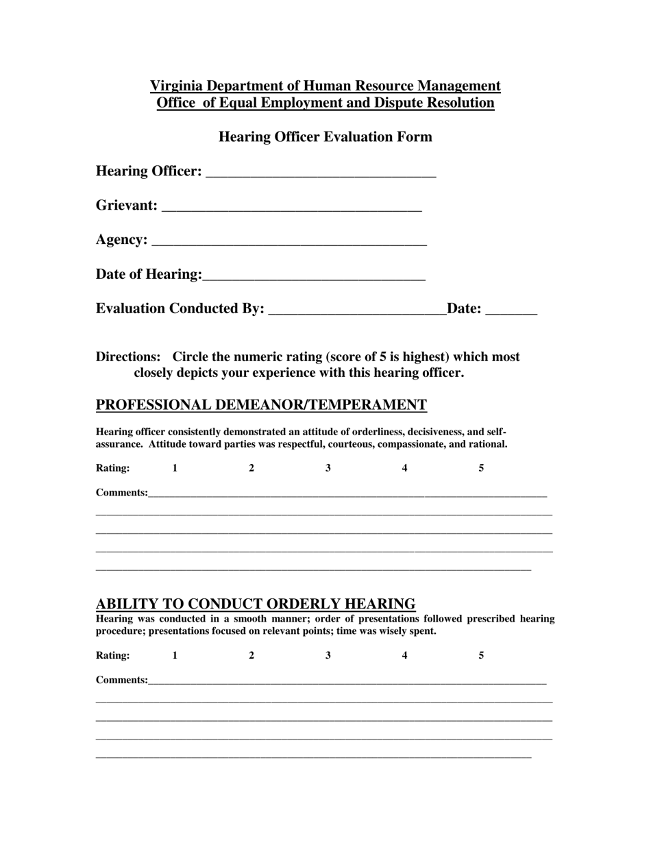 Hearing Officer Evaluation Form - Virginia, Page 1