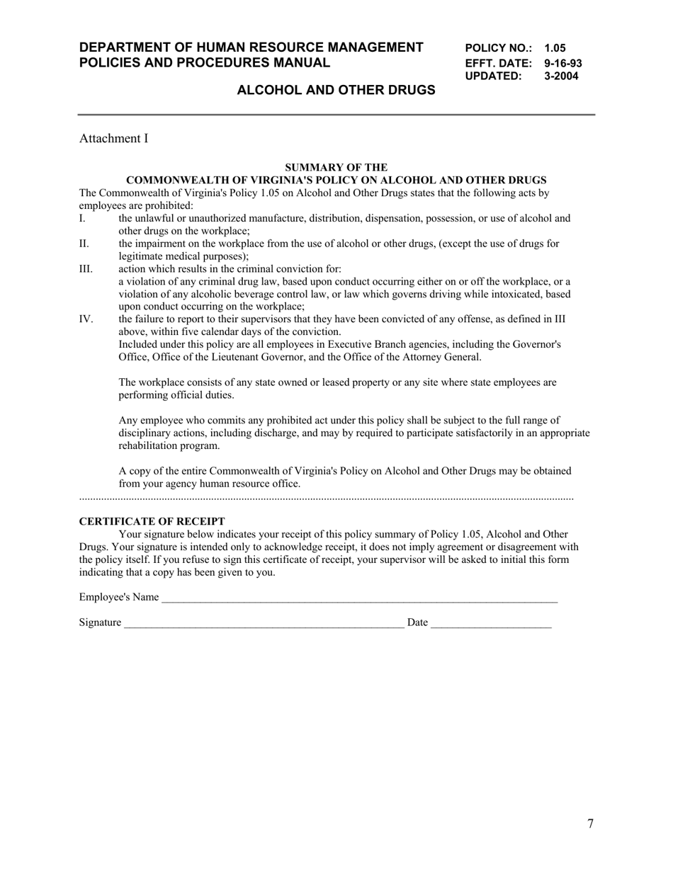 Attachment I Summary of the Commonwealth of Virginias Policy on Alcohol and Other Drugs - Virginia, Page 1