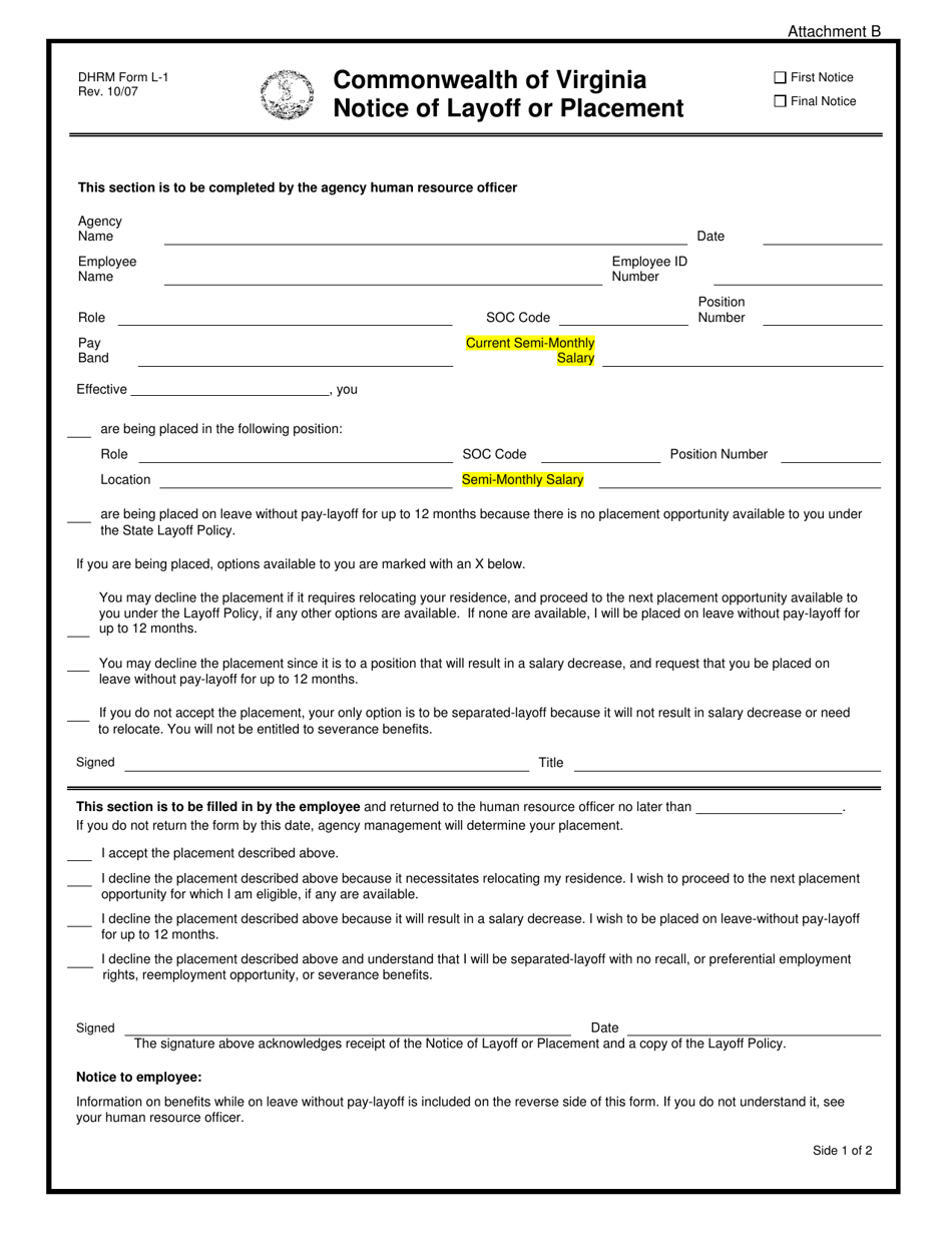 DHRM Form L-1 Attachment B Notice of Layoff or Placement - Virginia, Page 1