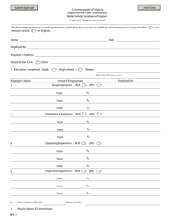 Form BPV-1 Inspector's Experience Record Form - Virginia