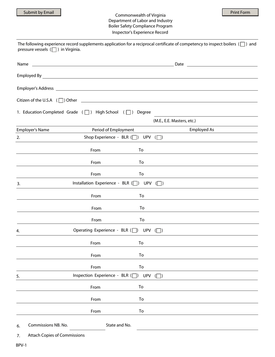 Form BPV-1 Inspectors Experience Record Form - Virginia, Page 1