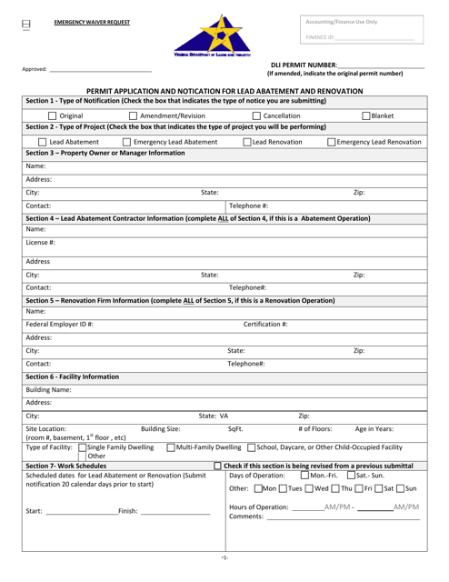 Permit Application and Notification for Lead Abatement and Renovation - Virginia