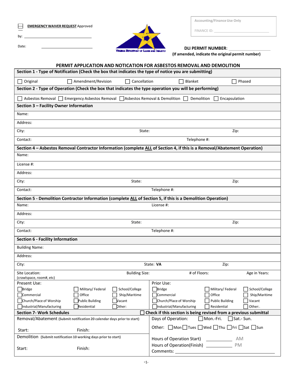 Permit Application and Notification for Asbestos Removal and Demolition - Virginia, Page 1