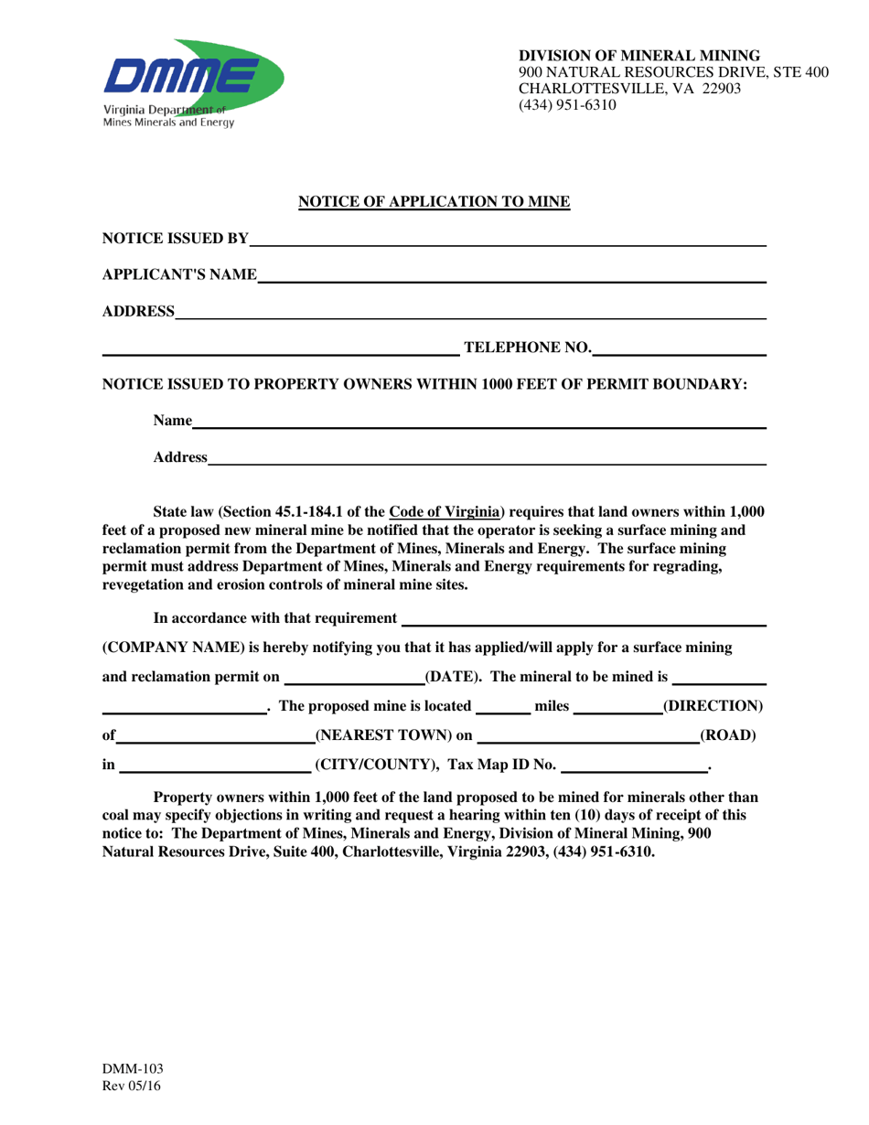 Form DMM-103 Notice of Application to Mine - Virginia, Page 1