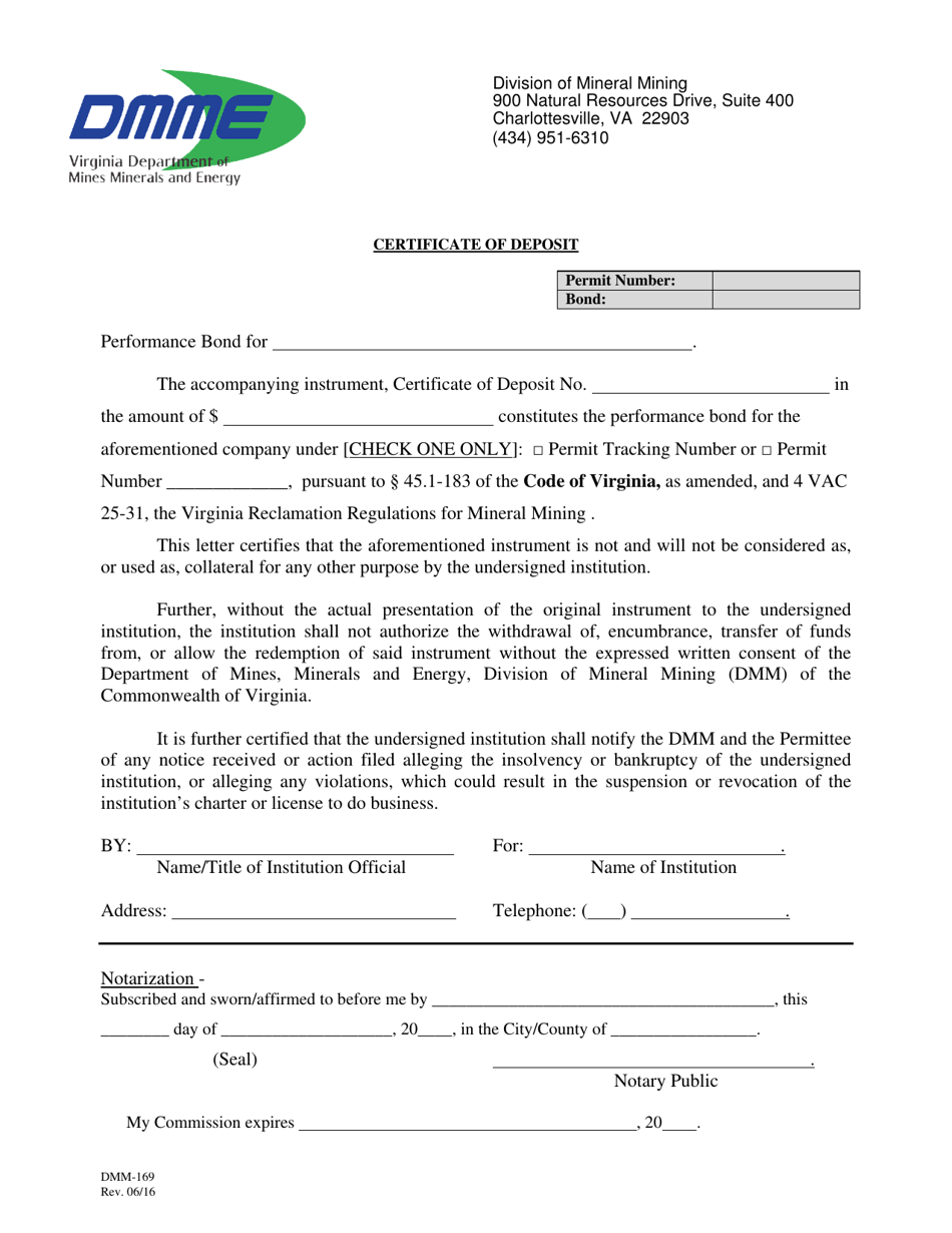Form DMM-169 Certificate of Deposit - Virginia, Page 1