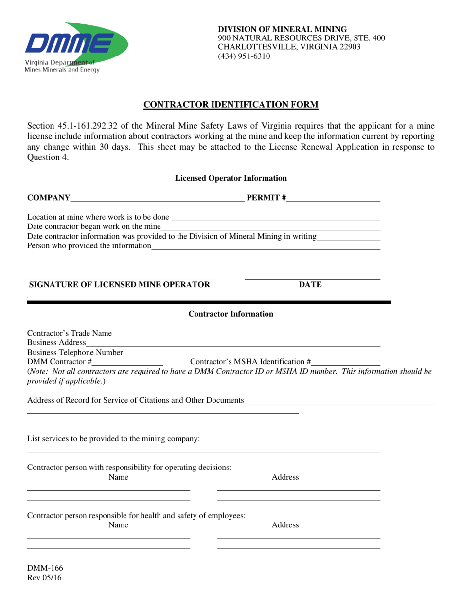 Form DMM-166 Contractor Identification Form - Virginia, Page 1