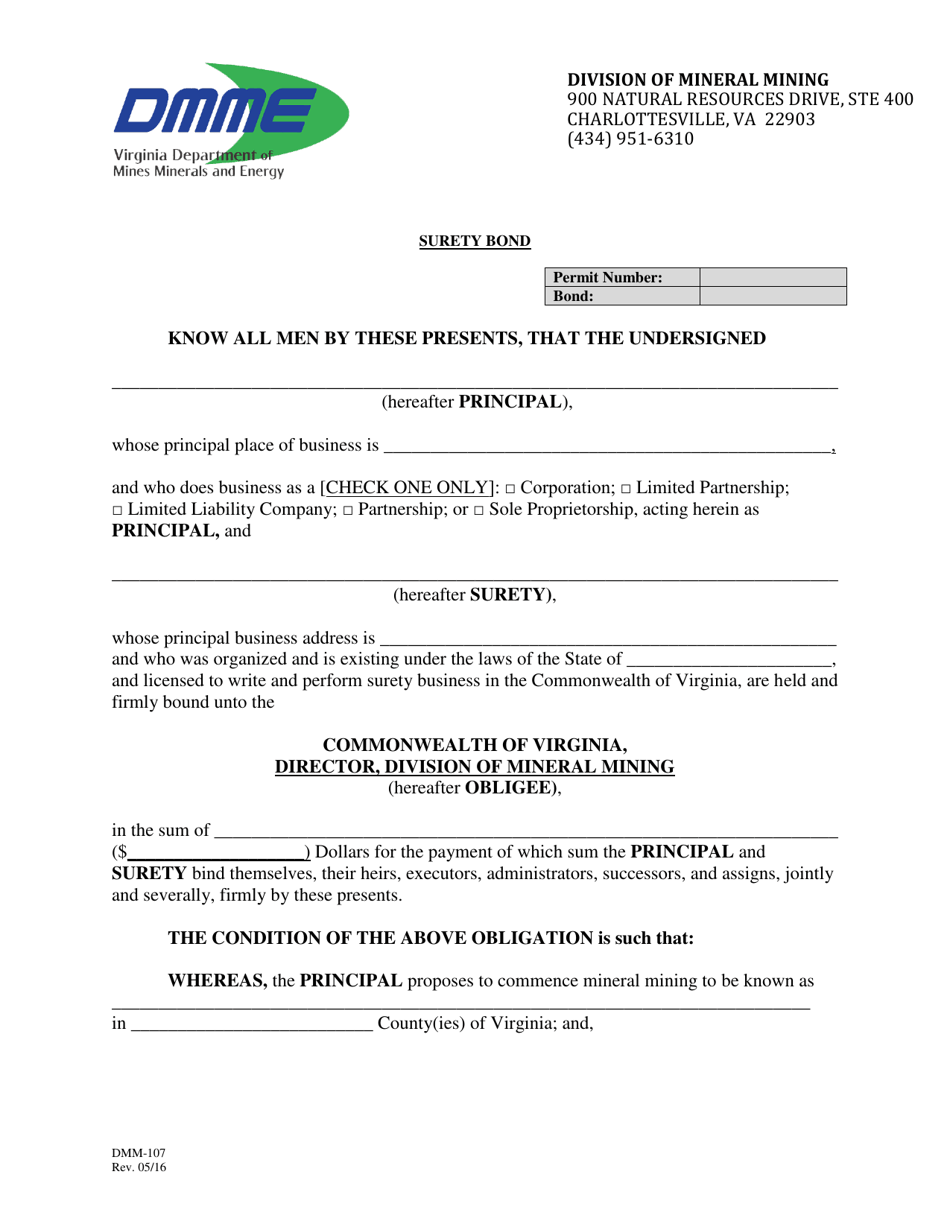 Form DMM-107 Surety Bond Form - Virginia, Page 1