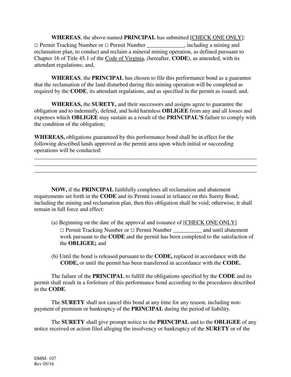 Form DMM-107 Surety Bond Form - Virginia, Page 2