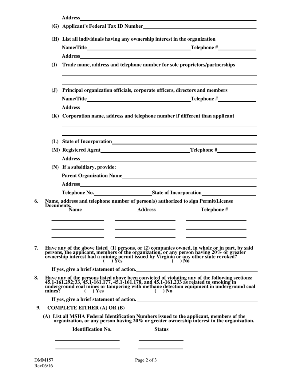 Form DMM-157 License Renewal / Transfer Application - Virginia, Page 2