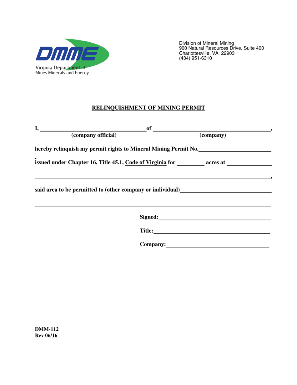 Form DMM-112 Relinquishment of Mining Permit - Virginia, Page 1