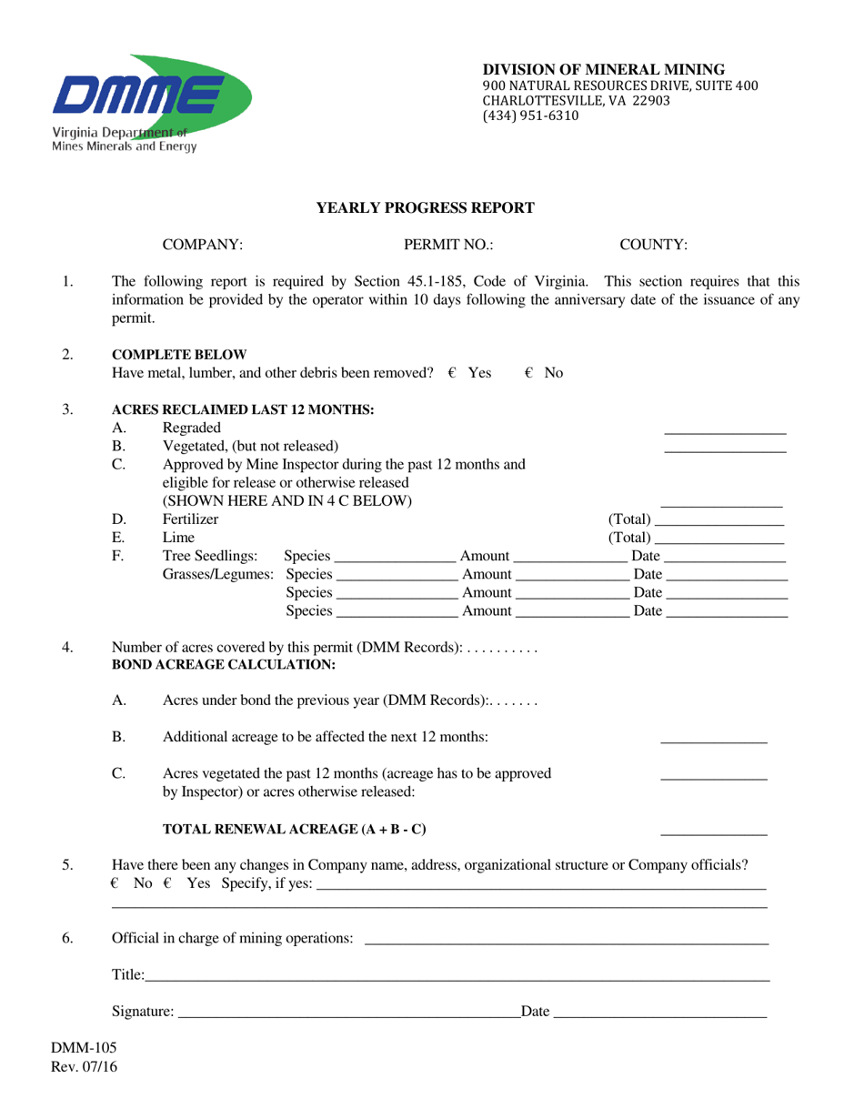 Form DMM-105 Yearly Progress Report - Virginia, Page 1