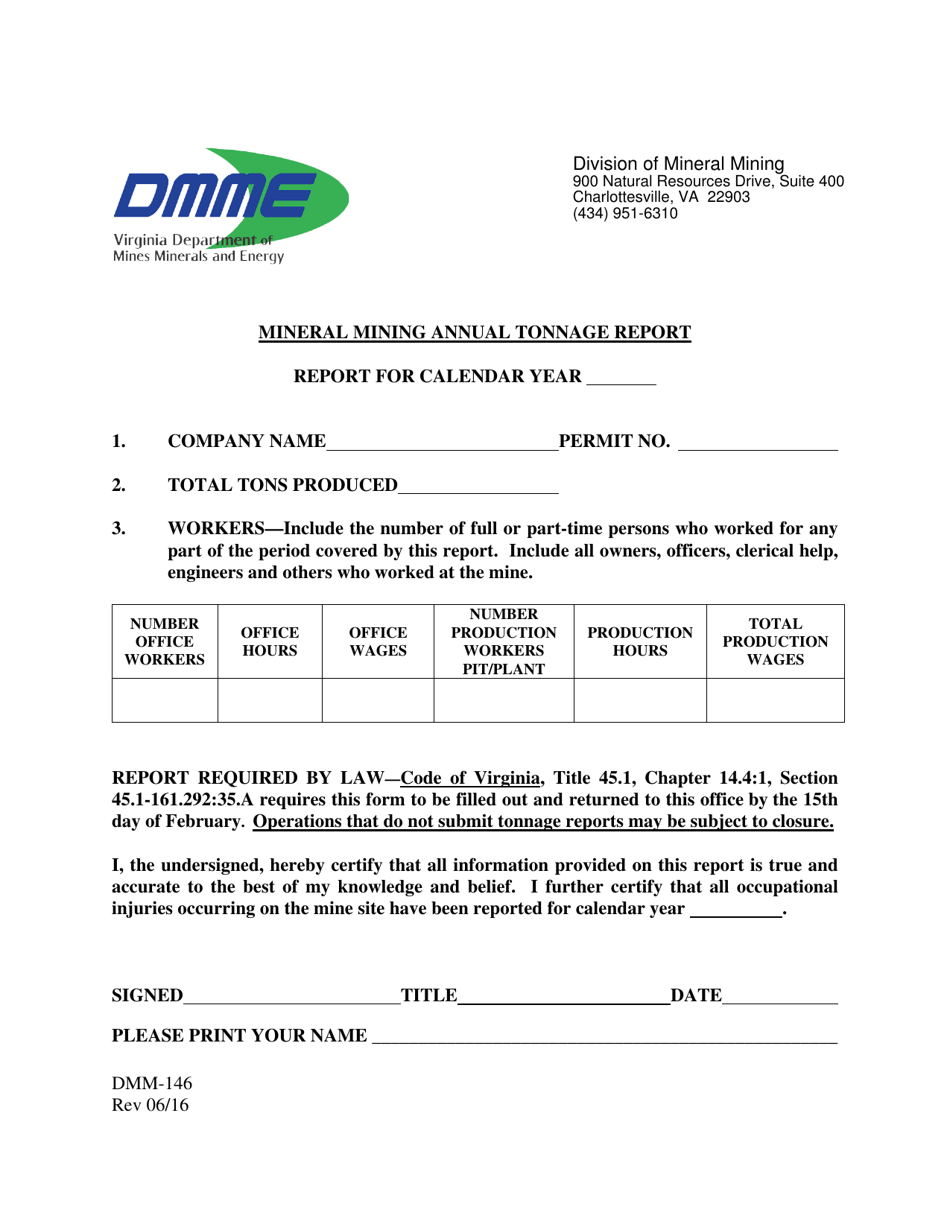 Form DMM-146 Mineral Mining Annual Tonnage Report - Virginia, Page 1
