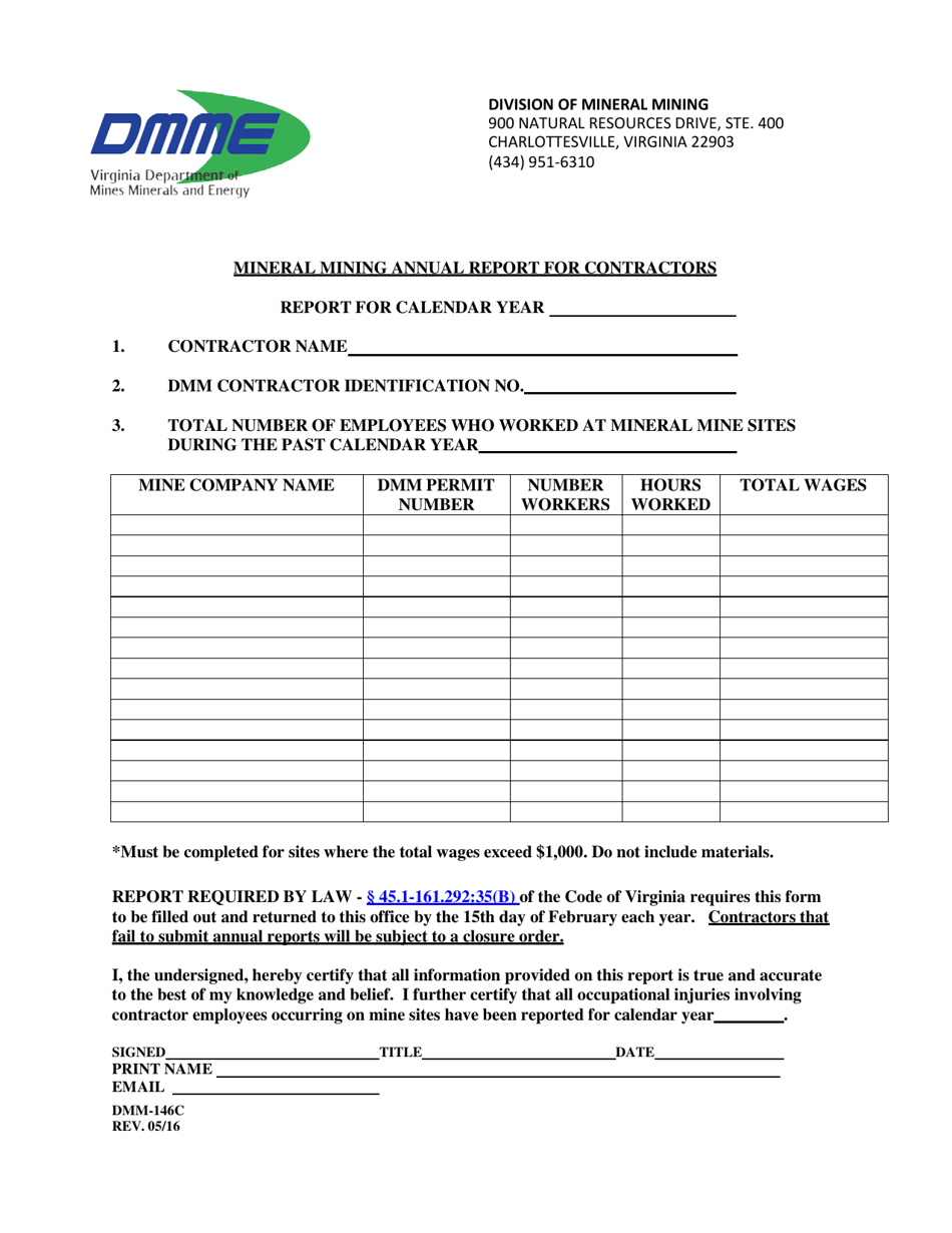 Form DMM-146C Mineral Mining Annual Report for Contractors - Virginia, Page 1