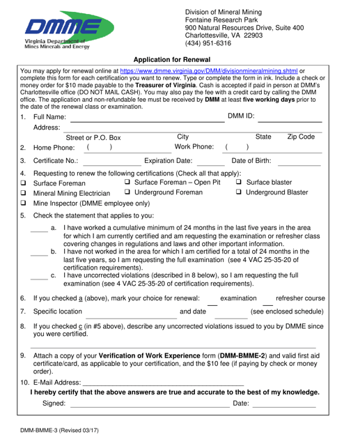 Form DMM-BMME-3 Application for Renewal - Virginia