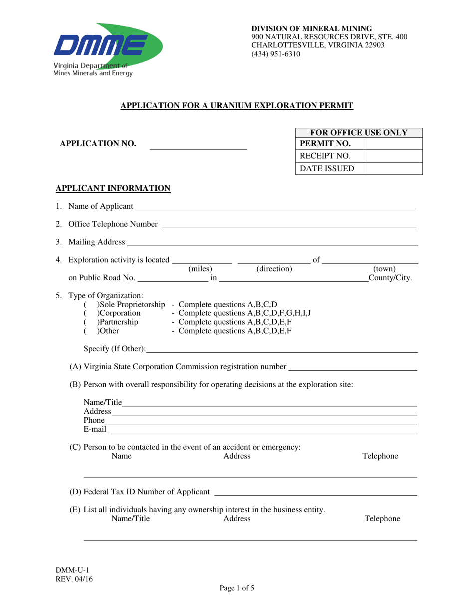 Form DMM-U-1 Application for Uranium Exploration Permit - Virginia, Page 1