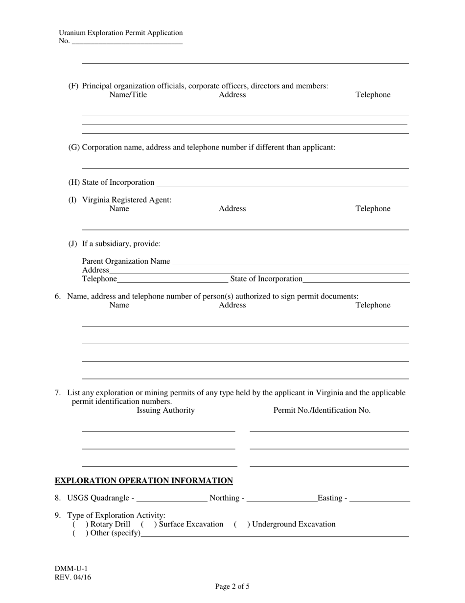 Form DMM-U-1 Application for Uranium Exploration Permit - Virginia, Page 2