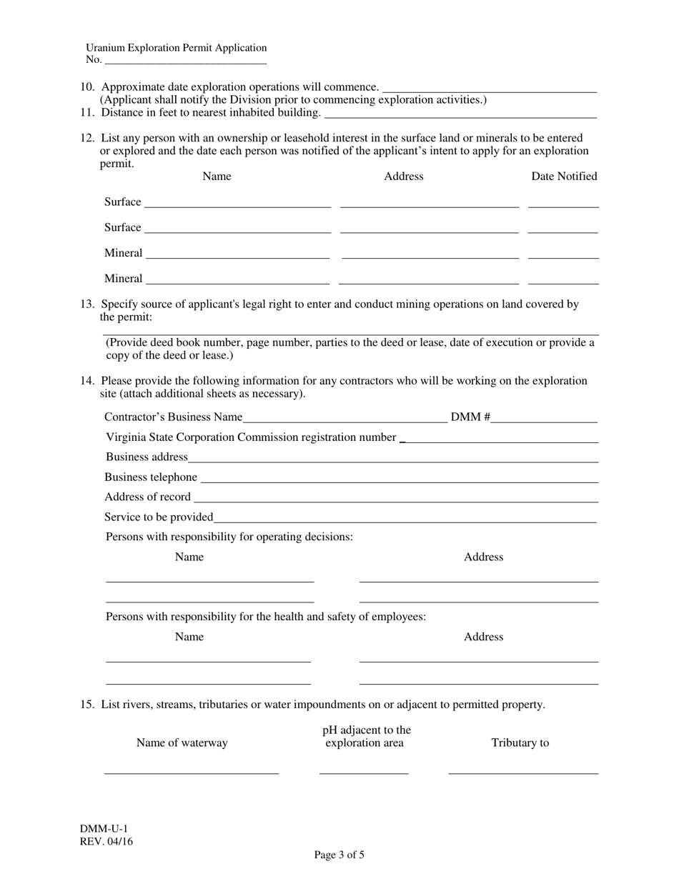 Form DMM-U-1 Application for Uranium Exploration Permit - Virginia, Page 3
