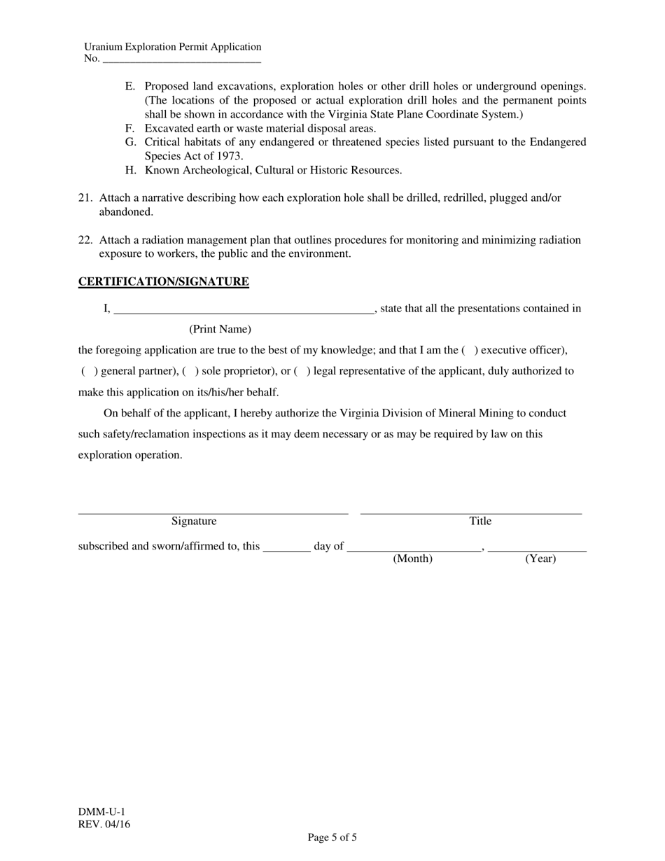 Form DMM-U-1 Application for Uranium Exploration Permit - Virginia, Page 5