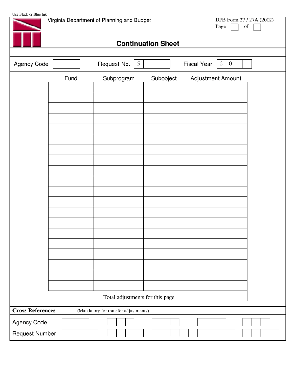 DPB Form 27 / 27A Budget Request Form Continuation Sheet - Virginia, Page 1