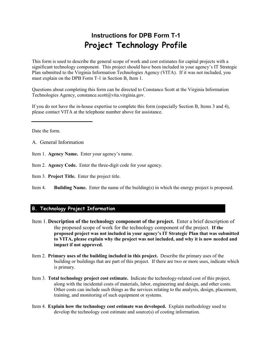 Instructions for DPB Form T-1 Project Technology Profile - Virginia, Page 1