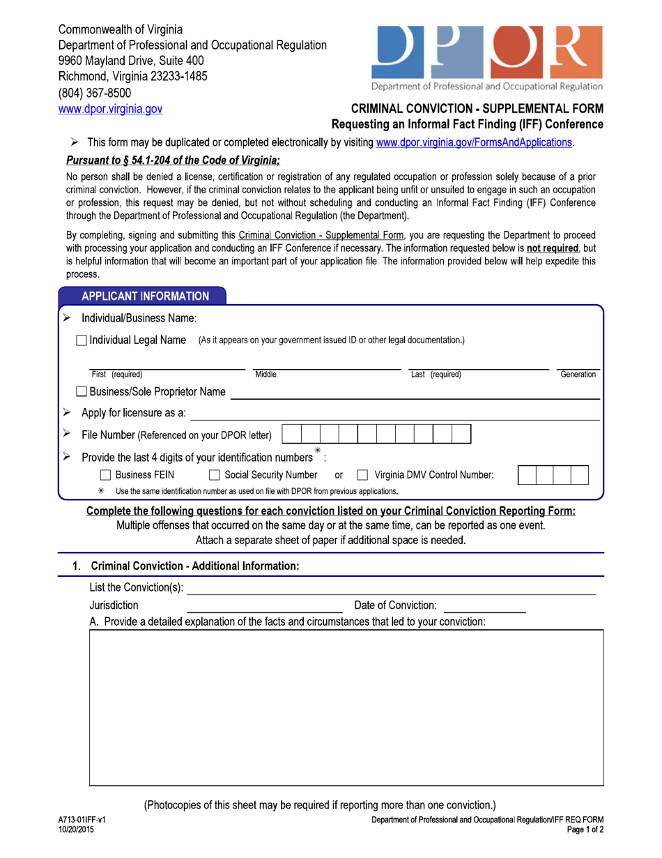 Form A713-01IFF Criminal Conviction - Supplemental Form - Virginia, Page 1