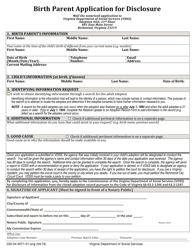 Document preview: Form 032-04-0071-01-ENG Birth Parent Application for Disclosure - Virginia