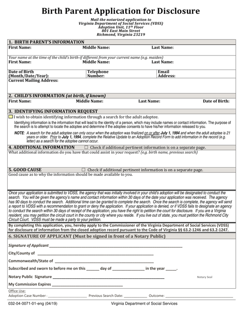 Form 032-04-0071-01-ENG Birth Parent Application for Disclosure - Virginia