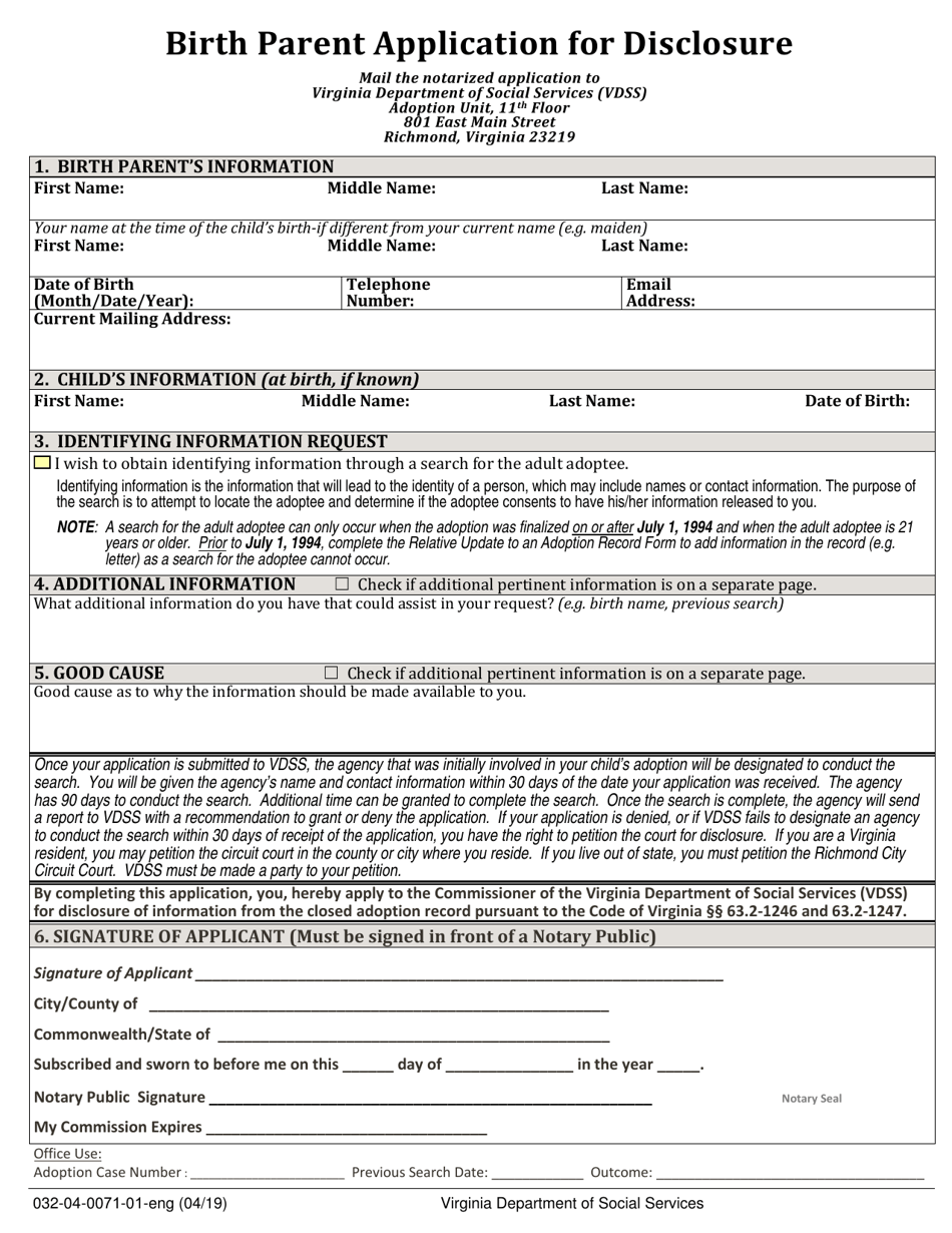 Form 032-04-0071-01-ENG Birth Parent Application for Disclosure - Virginia, Page 1