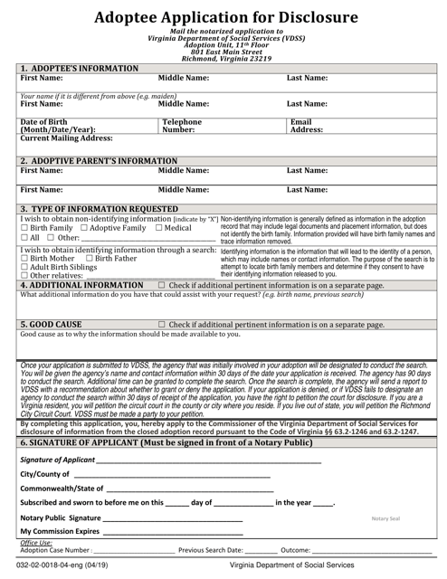 Form 032-02-0018-04-ENG Adoptee Application for Disclosure - Virginia
