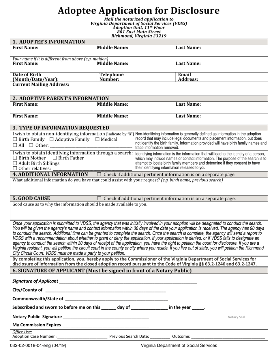Form 032-02-0018-04-ENG Adoptee Application for Disclosure - Virginia, Page 1