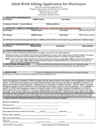 Document preview: Form 032-04-0070-01-ENG Adult Birth Sibling Application for Disclosure - Virginia