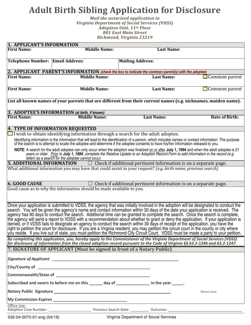 Form 032-04-0070-01-ENG Adult Birth Sibling Application for Disclosure - Virginia