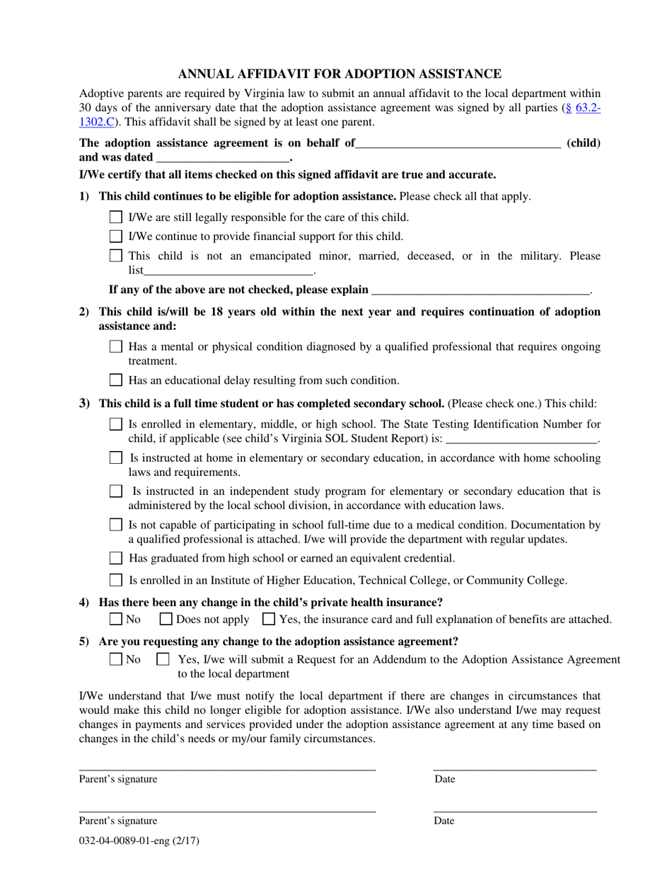 Form 032-04-0089-01-ENG Annual Affidavit for Adoption Assistance - Virginia, Page 1