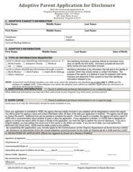 Document preview: Form 032-04-0072-01-ENG Adoptive Parent Application for Disclosure - Virginia