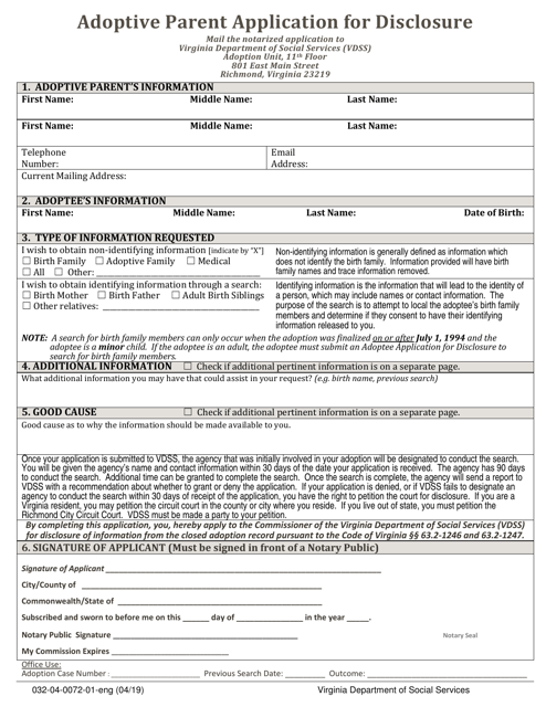 Form 032-04-0072-01-ENG Adoptive Parent Application for Disclosure - Virginia